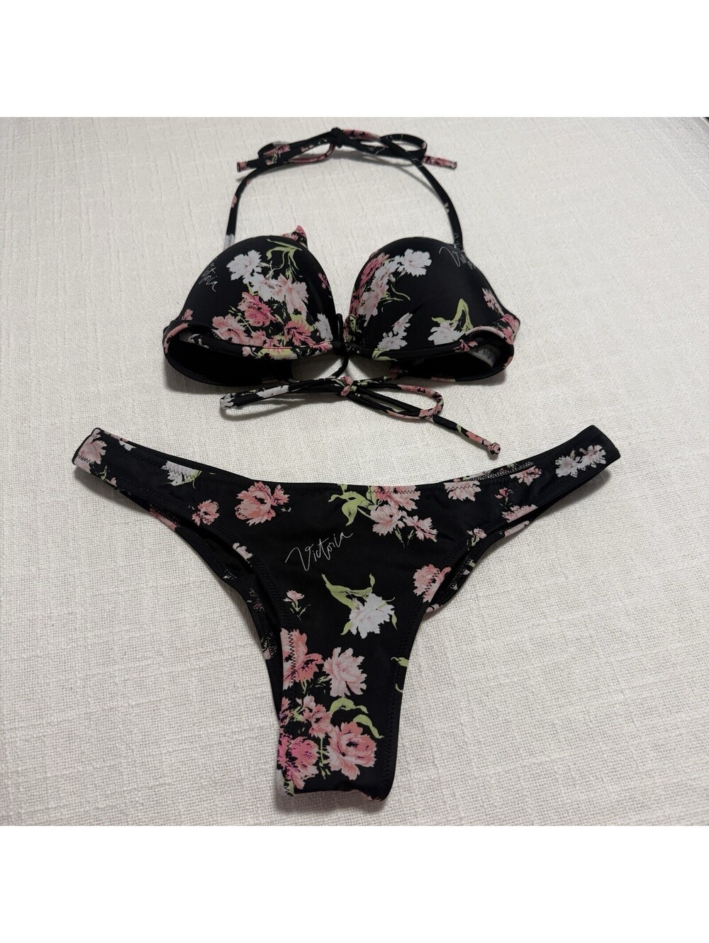 Victoria’s Secret Bikini Set Black Floral 32C Push-up Top Small Cheeky Bottom